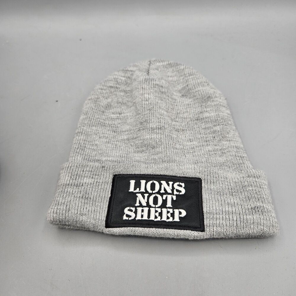 Lions Not Sheep Beanie Gray  Fitted OS Hat Embroidered Black Patch Knit Cuffed